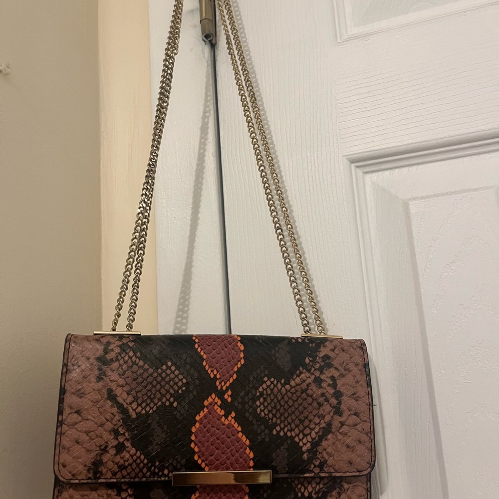 Brown and Orange Snakeskin Shoulder Bag with Gold Chain